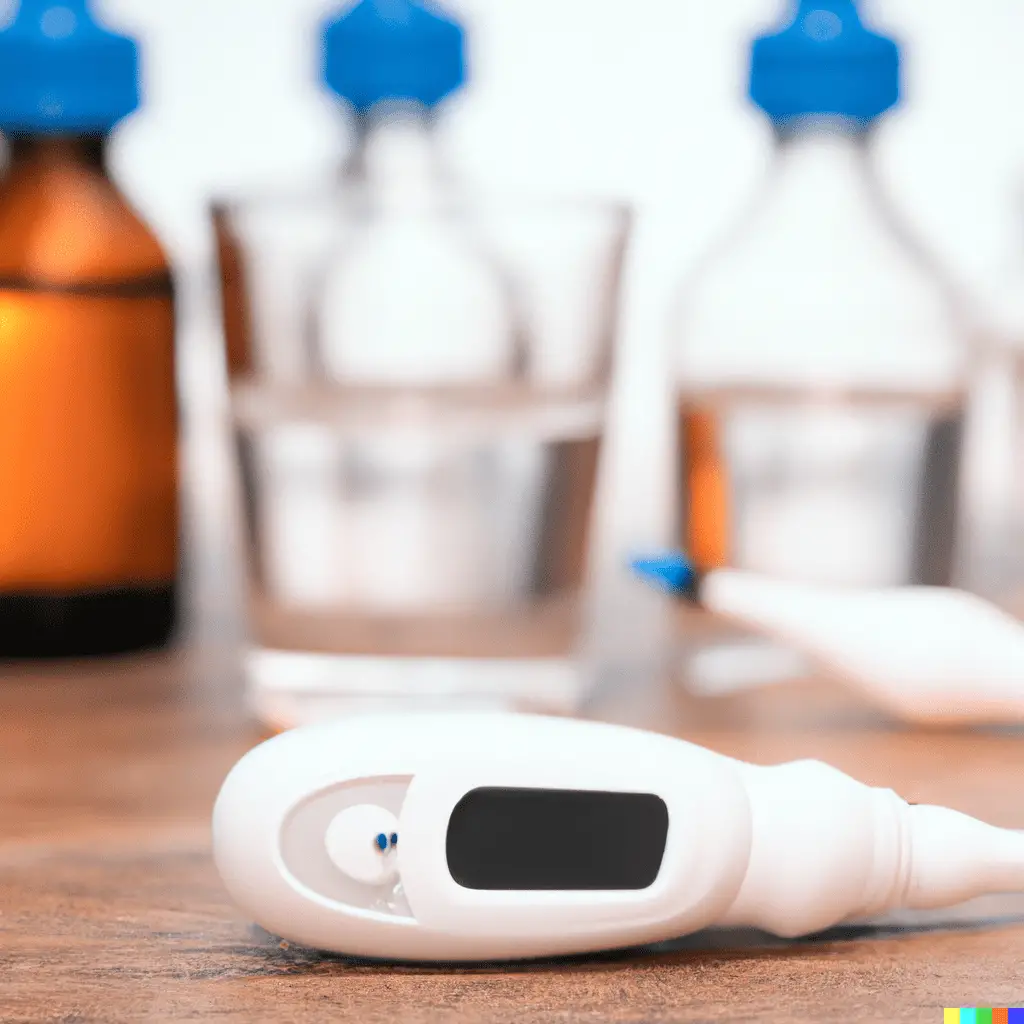 digital thermometer probe with vaccine bottles in the background