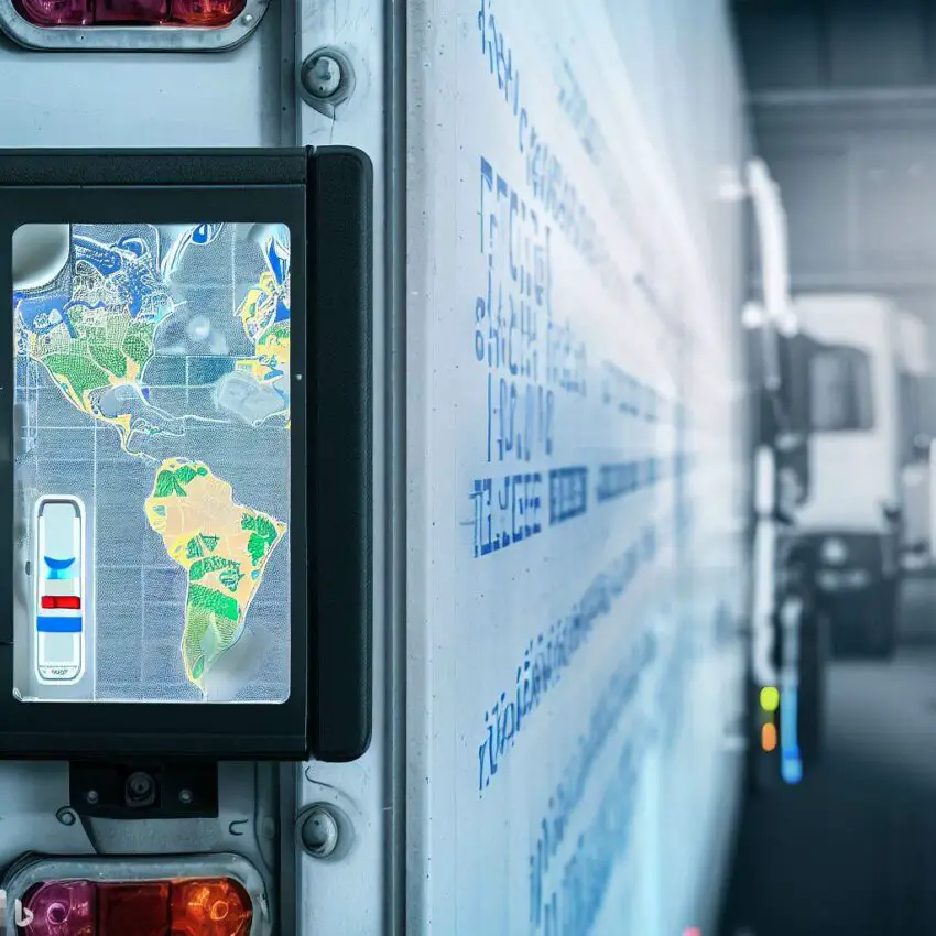 a Reefer Temperature Monitoring Device attached to the side of a refrigerated truck, with a digital display showing the current temperature reading, and a map in the background indicating the location of the truck