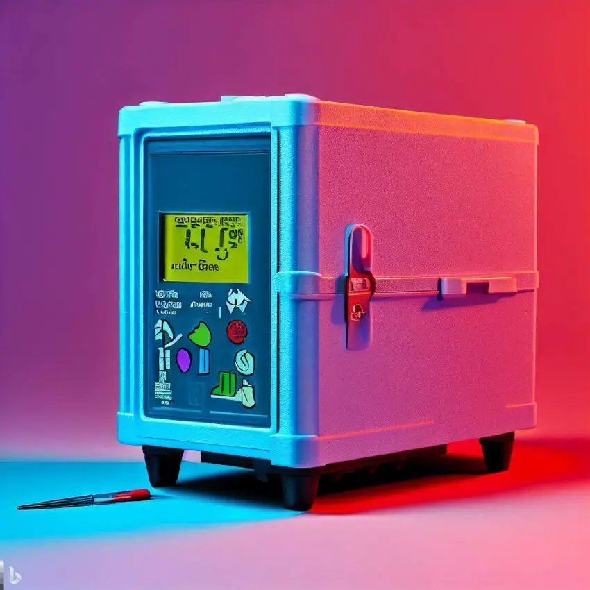 A blue, insulated box with a digital temperature control monitor and a red-tipped thermometer sticking out from the side