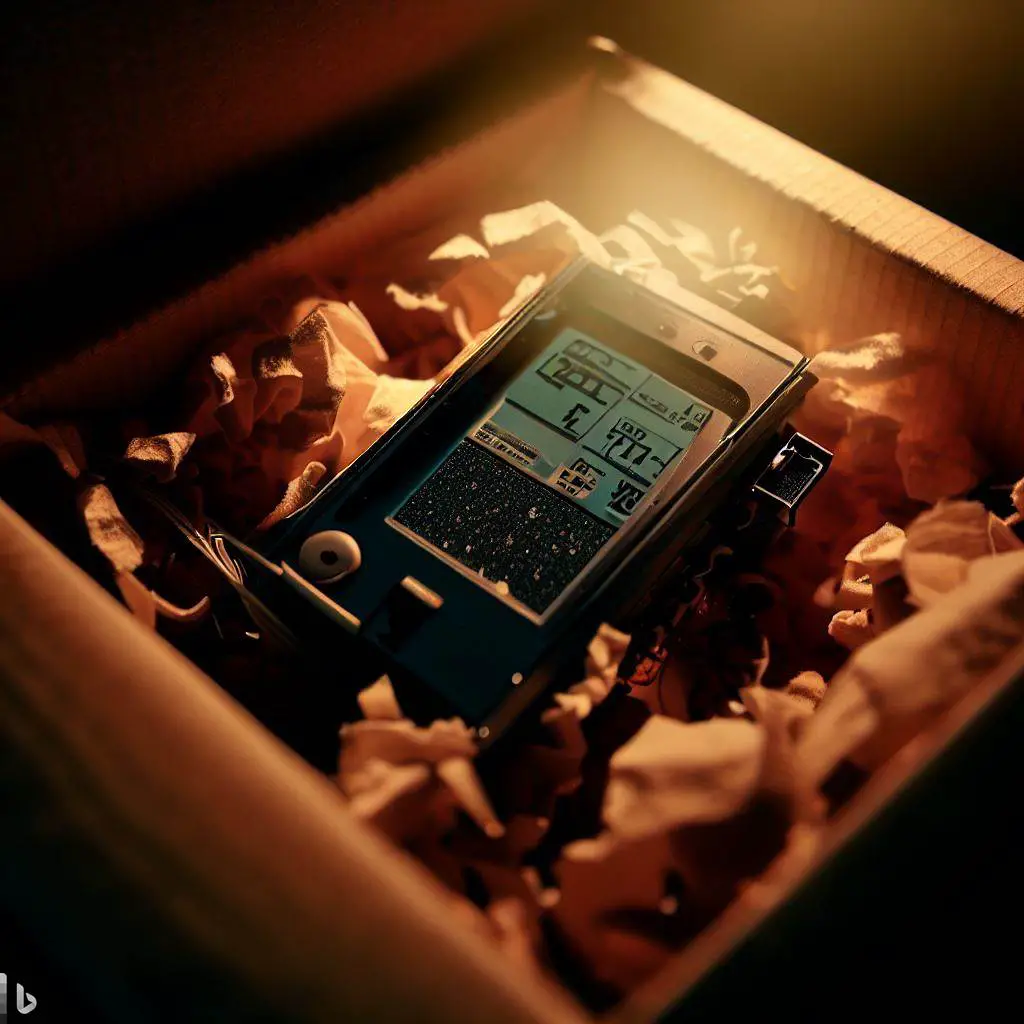 a temperature probe, and a USB port. The device is placed inside a cardboard box with the lid partially open, showing insulation material inside. The surrounding environment is dimly lit, with a few rays of sunlight shining through the edges of the box