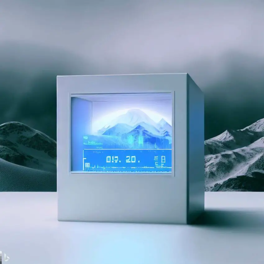 white box with a digital display panel, set against a backdrop of a snowy mountain range. The display panel shows the temperature inside the box, which is cool and regulated