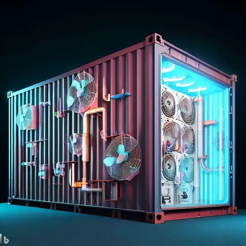 a shipping container with multiple ventilation systems, including fans and vents, to ensure proper air flow and temperature control