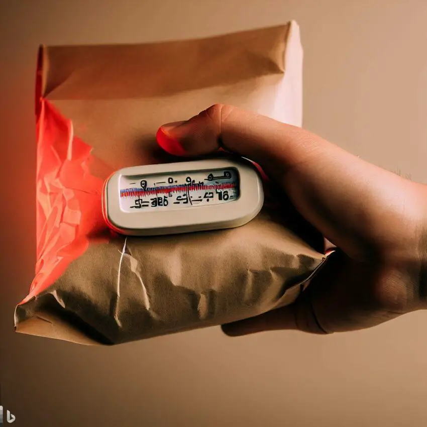 a hand holding a package with a thermometer placed next to it, displaying a temperature reading
