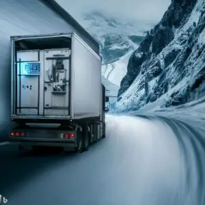 a refrigerated truck, with a digital temperature gauge displaying a precise temperature, driving through a snowy mountain pass with the cargo inside protected from the harsh elements