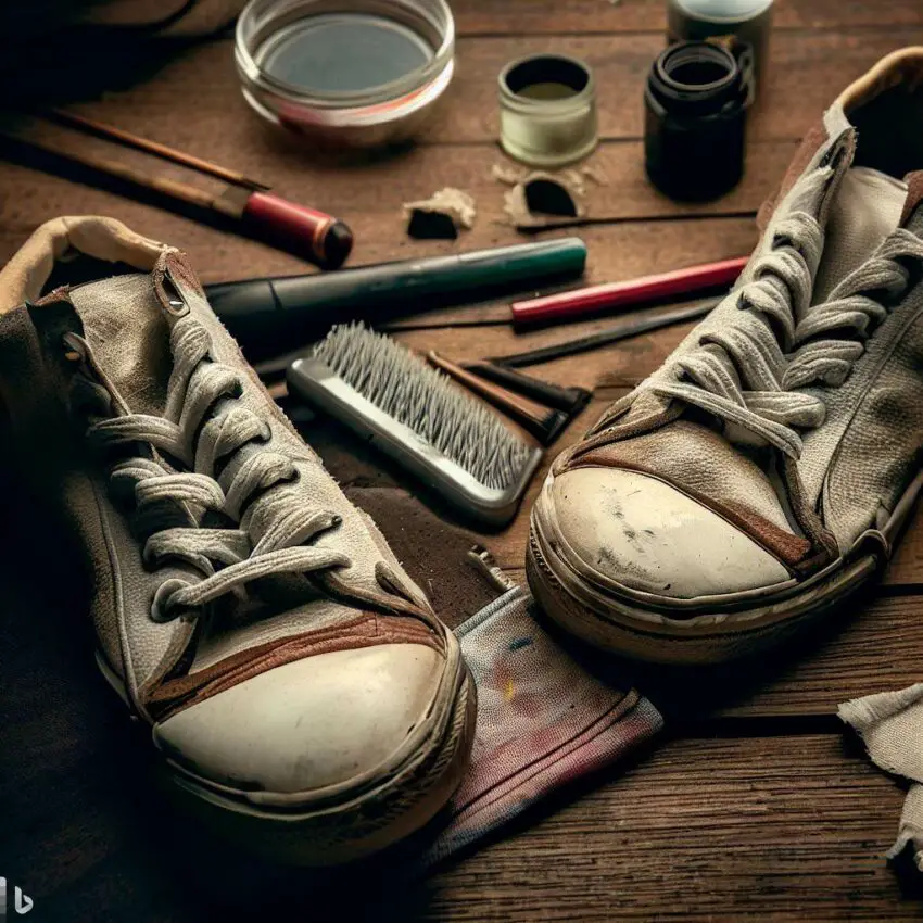 a pair of worn-out sneakers on a wooden surface with tools and materials for restoring them scattered around, including a brush, paint, glue, and fabric patches