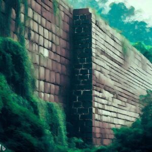 a tall, sturdy retaining wall made of interlocking bricks or stones, anchored to the ground with thick metal rods and surrounded by lush greenery