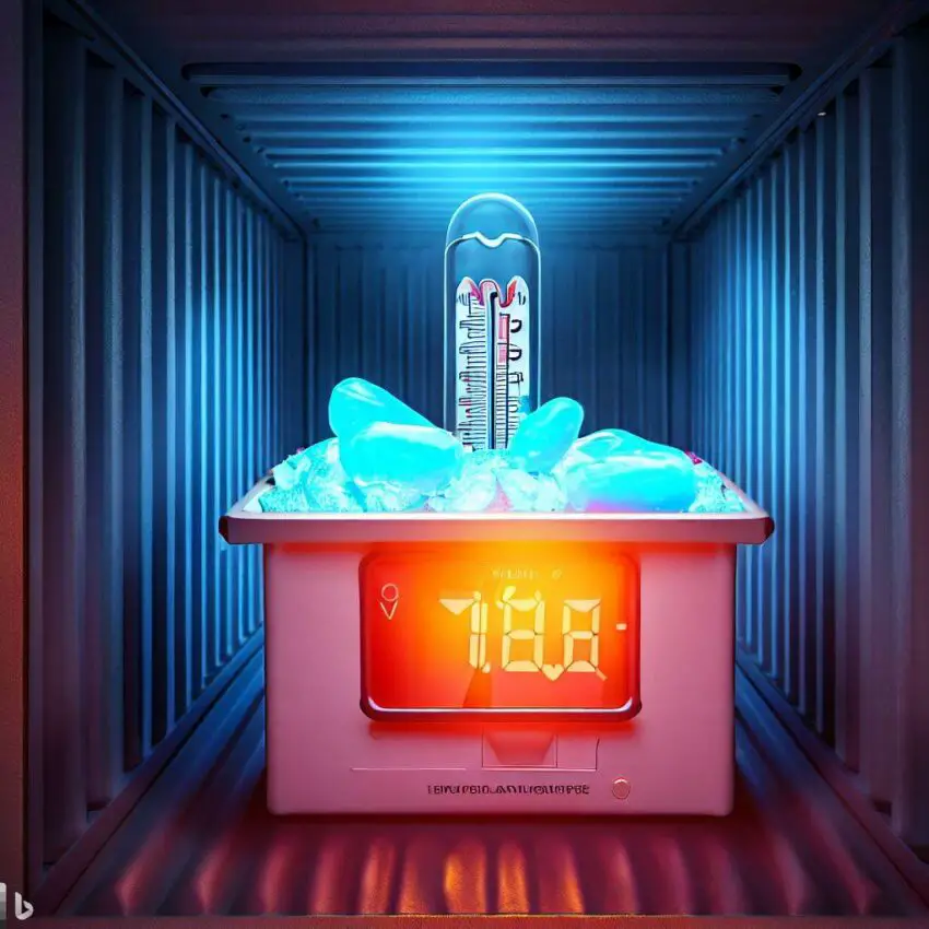 a shipping container with a digital thermometer inside, displaying the temperature. The container is surrounded by ice packs and heat lamps, highlighting the importance of monitoring shipment temperature.