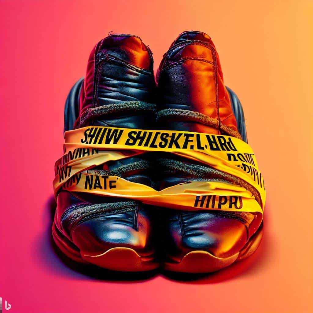 pair of shoes tightly wrapped in plastic shrink wrap with a label that says "Shrink Wrapping Shoes: Harmful or Helpful?" in bold letters. Show contrasting colors and textures to highlight the debate