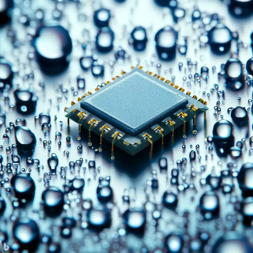 a small electronic device with tiny sensors that detect moisture in the air, surrounded by droplets of water, to visually explain how a humidity sensor works