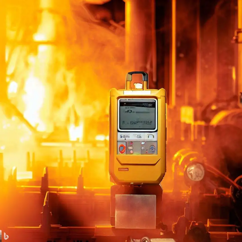 a high-temperature data logger, surrounded by a hot, industrial setting, with a digital display indicating the current temperature