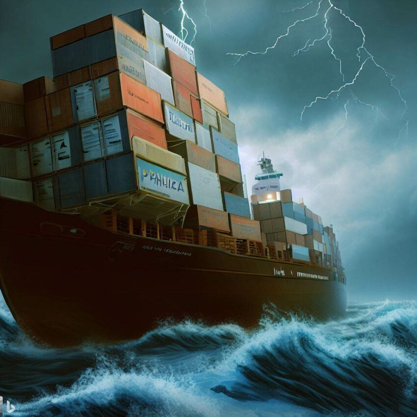 a cargo ship navigating through rough seas, with crates labeled "pharmaceuticals" stacked precariously on deck