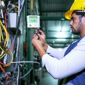 technician setting up a temperature data logger in an industrial environment