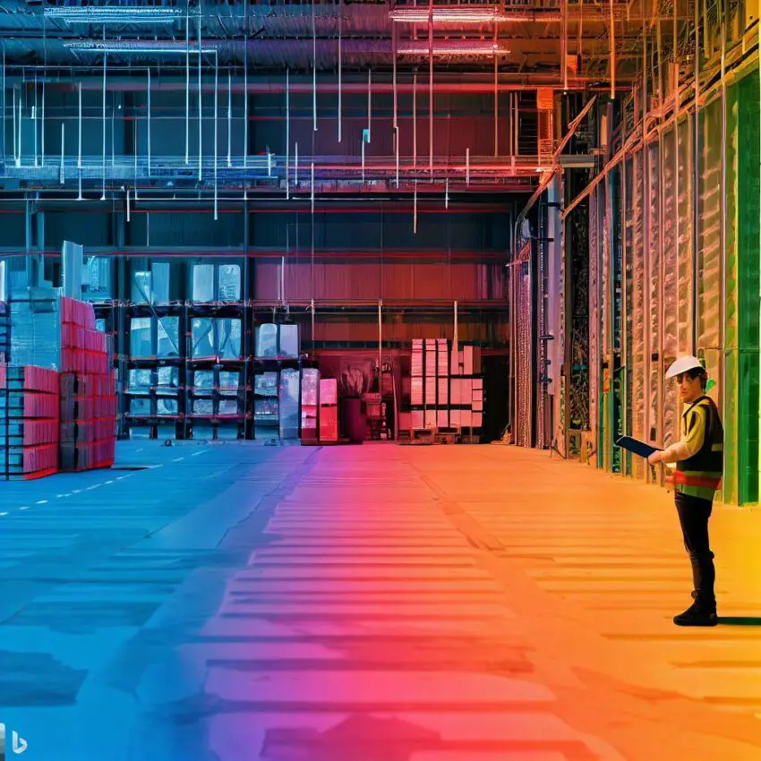 a warehouse with various colored sections indicating temperature zones. Show temperature sensors and data mapping in action. No text.