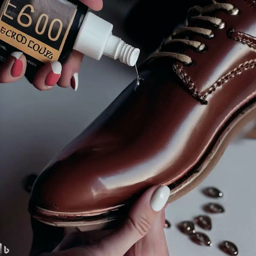 E6000 glue for shoes: a tube of glue with a nozzle, a shoe in the background with a visible repair or embellishment, and a pair of hands holding the glue and shoe