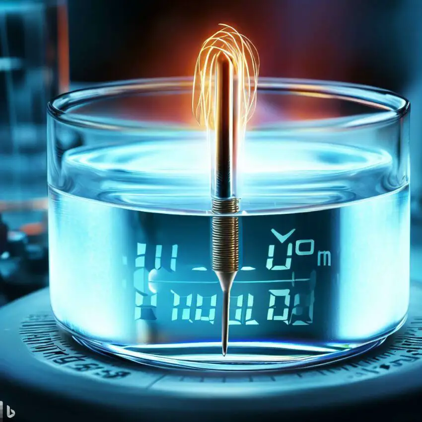 a buffered temperature probe submerged in a beaker of liquid, with the probe's wire leading to a digital thermometer displaying a precise temperature reading