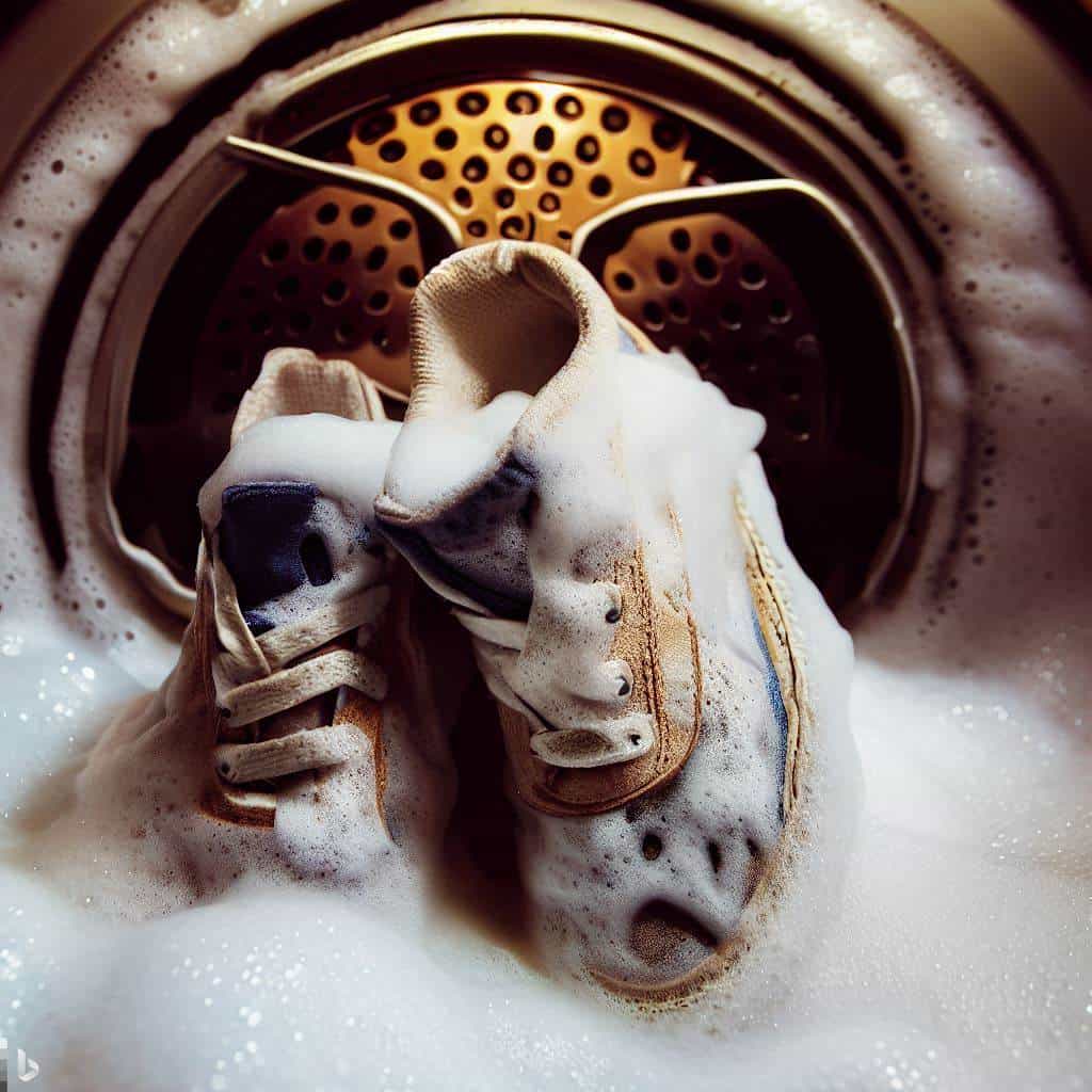 a pair of sneakers covered in soap suds inside a washing machine drum, with water and laundry detergent visible in the background