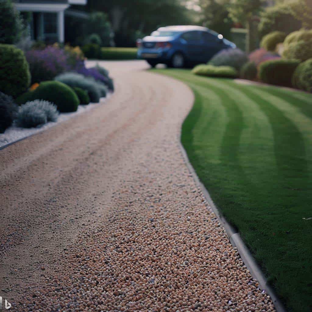 a gravel driveway with a variety of gravel sizes and colors, edged with neatly trimmed grass, and a parked car in the distance
