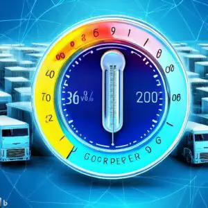 A digital thermometer with a blue background, surrounded by a network of colorful reefer trucks