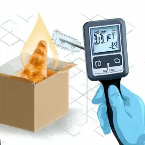 a visual representation of a temperature probe in action, showing the probe inserted into a food item which is placed in a shipping box, with a digital readout displaying the temperature