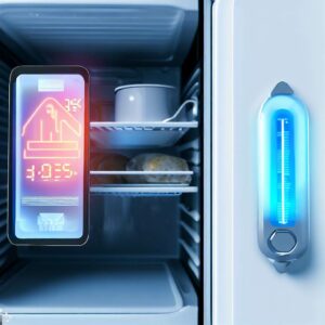 a refrigerator with a digital thermometer and a wireless temperature monitoring device placed inside. The thermometer should display a low temperature, while the monitoring device shows real-time data on a smartphone