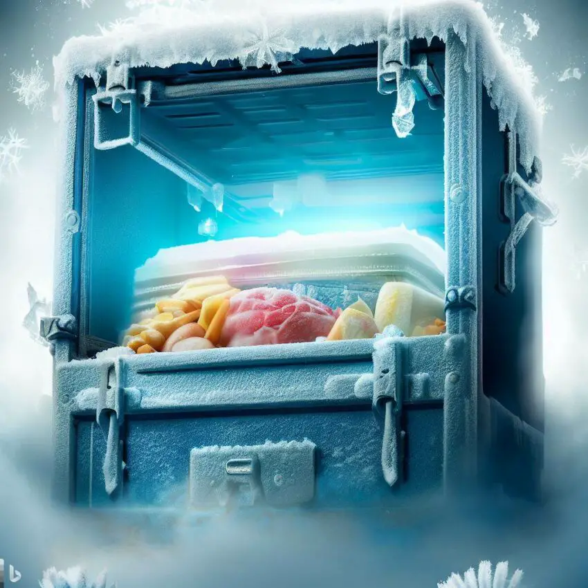 a Cold Chain Shipper filled with temperature-controlled products surrounded by frost and ice crystals. The shipper should be prominently displayed with its durable and insulated exterior protecting the contents inside