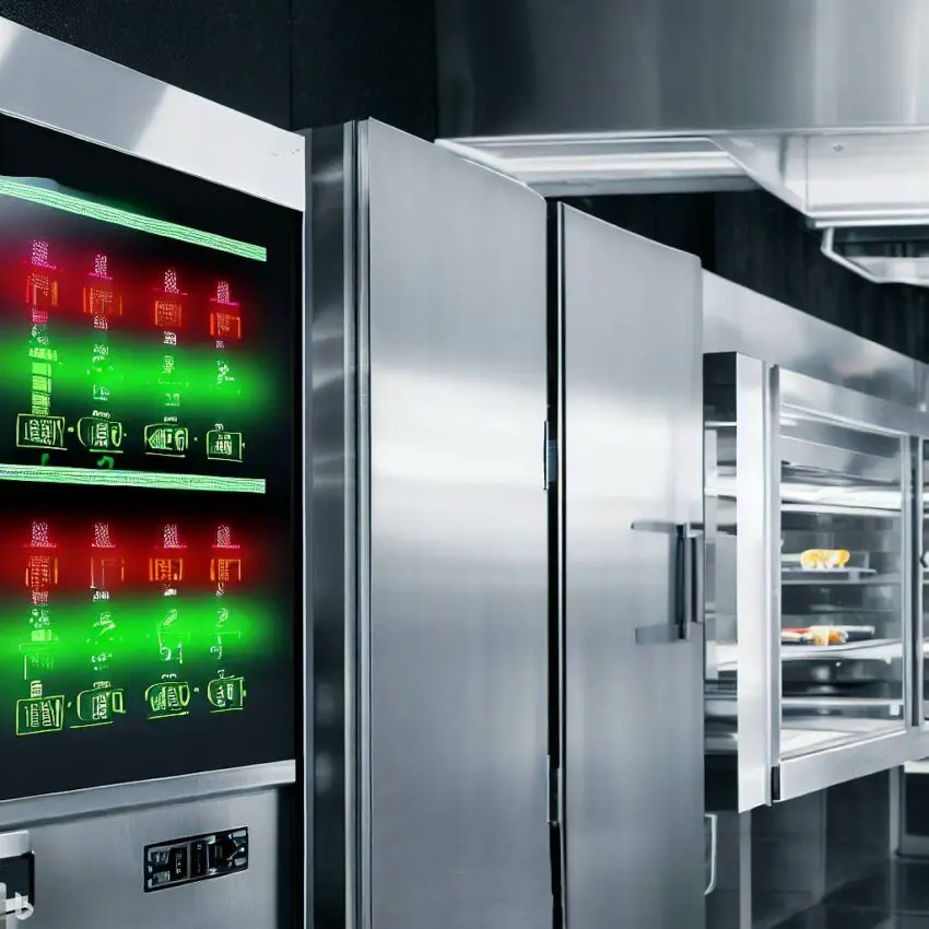 a sleek, modern commercial kitchen with a wall-mounted digital display showing real-time temperatures of various refrigeration units. Bright green and red indicators