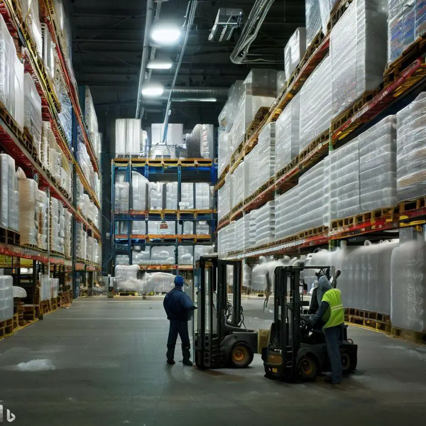a large refrigerated warehouse filled with neatly stacked pallets of frozen goods, with workers in insulated clothing operating forklifts and monitoring temperature gauges