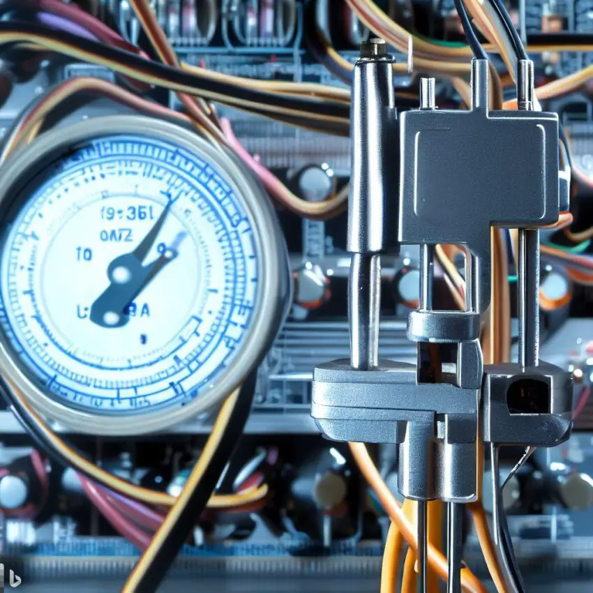 A thermocouple thermometer and voltmeter in the foreground, with a complex calibration circuit in the background