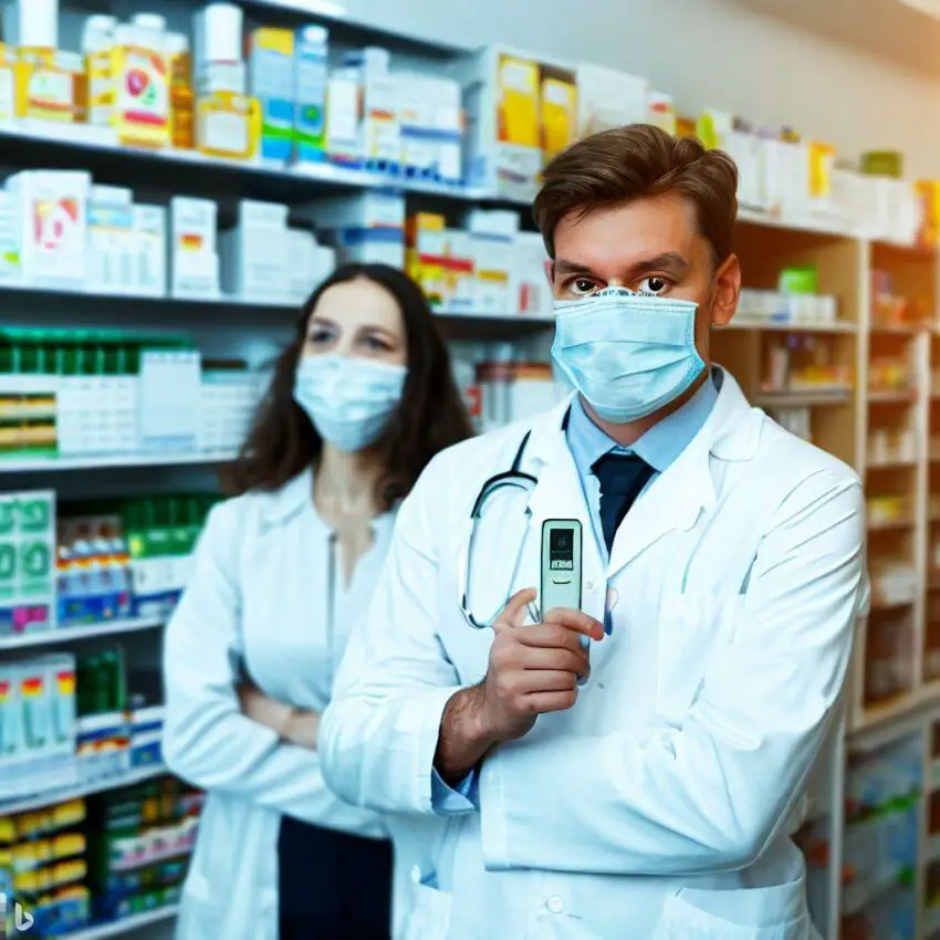 a pharmacy with a digital thermometer reading out the current temperature, while a pharmacist looks on attentively. Display shelves with various medications in the background