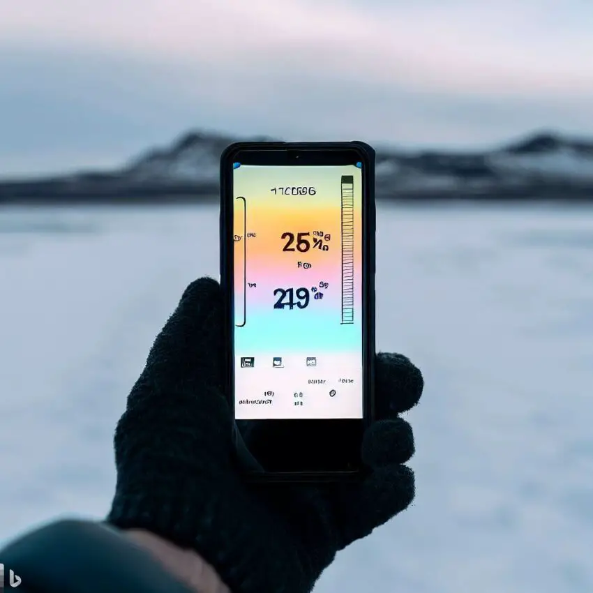 a cell phone displaying a temperature reading with a remote location in the background. The phone should be held by a person wearing gloves and standing in front of a snowy landscape