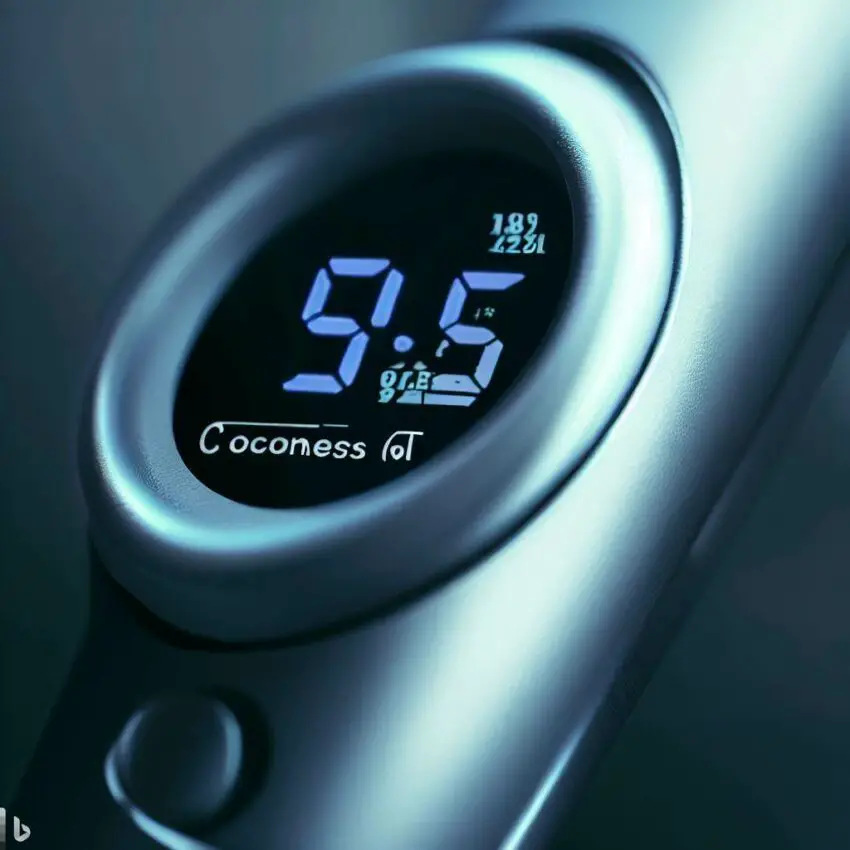 a contactless thermometer, with a close-up view of the thermometer's screen displaying a temperature reading.