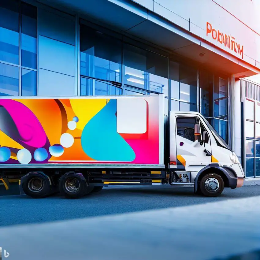 A pharmaceutical delivery truck, with a brightly colored logo, parked in front of a modern warehouse with a conveyor belt running through the door