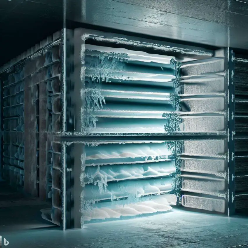 cross-section of a cold storage room, with insulation panels visible. Show the panels in detail, with ice forming on the exterior, illustrating their effectiveness in keeping the room cold