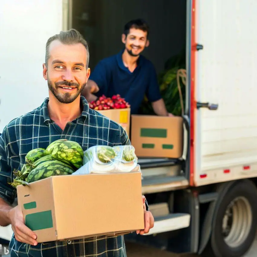 a happy customer receiving a package of fresh produce with a datalogger attached, while a delivery driver stands by a refrigerated truck in the background