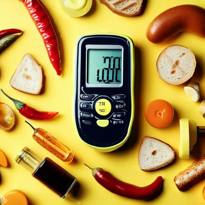 a small, handheld device with a digital screen displaying the temperature reading. Surround the device with various items that might require temperature monitoring, such as food or medicine